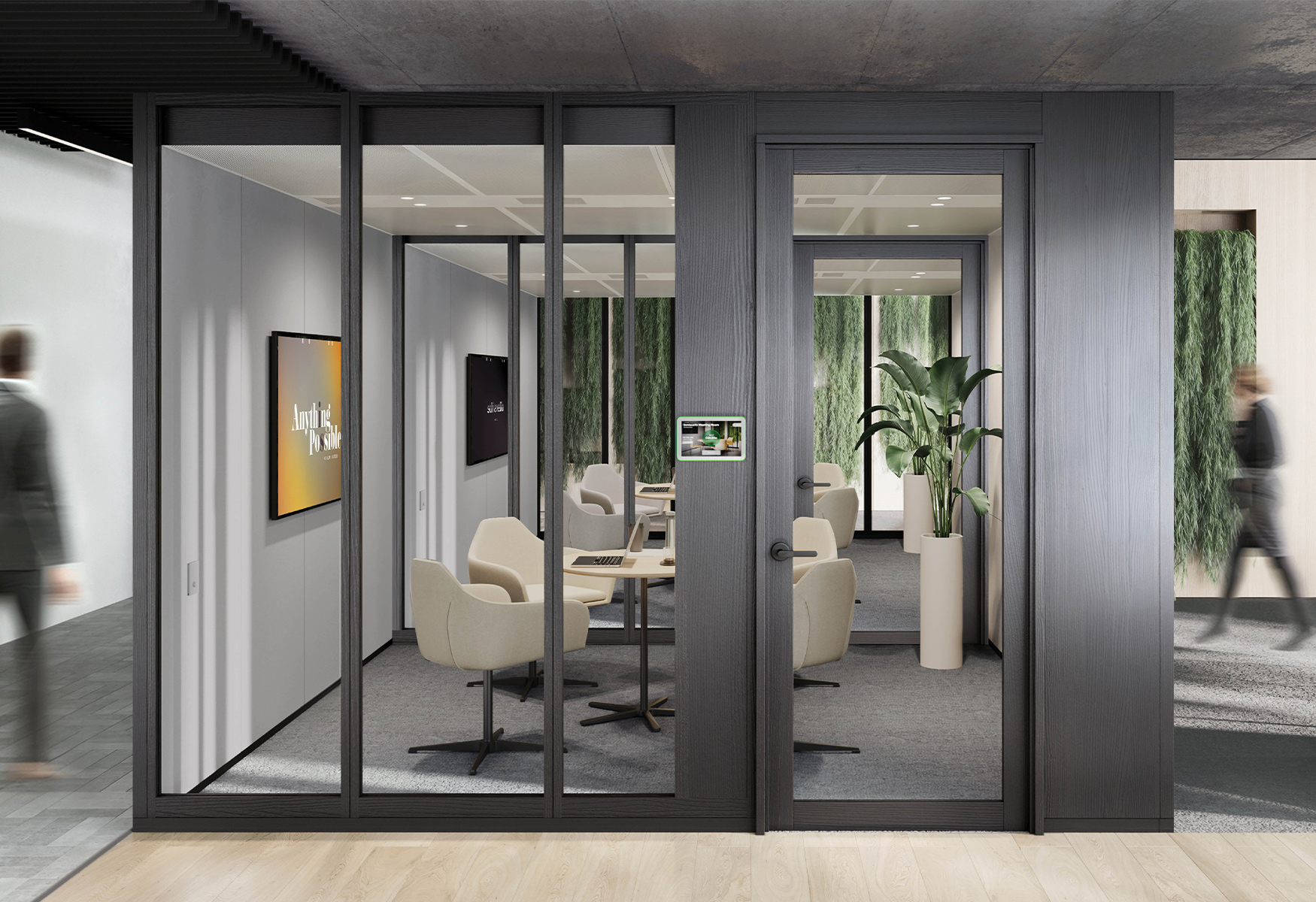 Enclosed meeting room within an open plan office