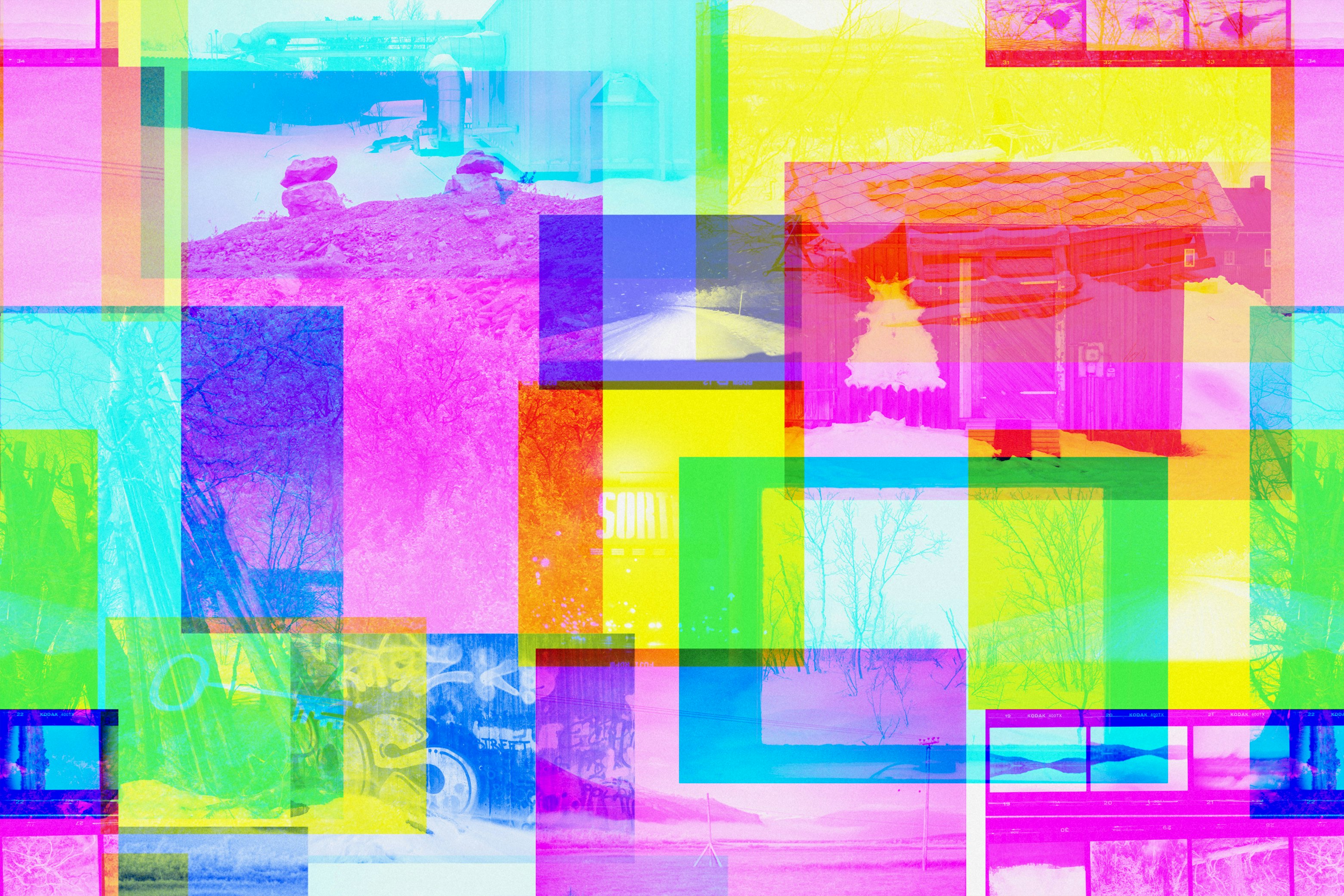 A collage in cyan magenta and yellow colors with photos of urban areas and landscapes in Sápmi.