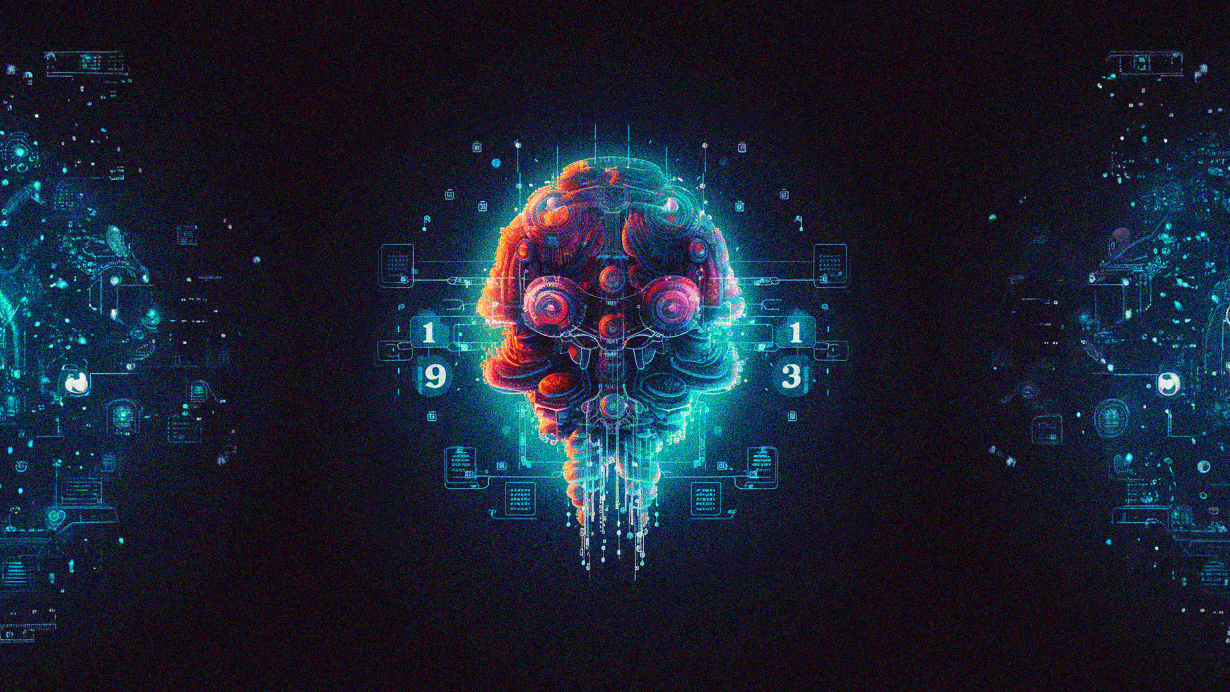 A glowing, futuristic brain-like structure floats in the center of a dark background, blending organic and mechanical elements with vibrant red and electric blue tones. Surrounding it are digital grids, floating data symbols, and glowing numbers "1931," creating a high-tech, cyberpunk aesthetic. The edges feature scattered circuitry and glowing particles, resembling a digital network or interface.