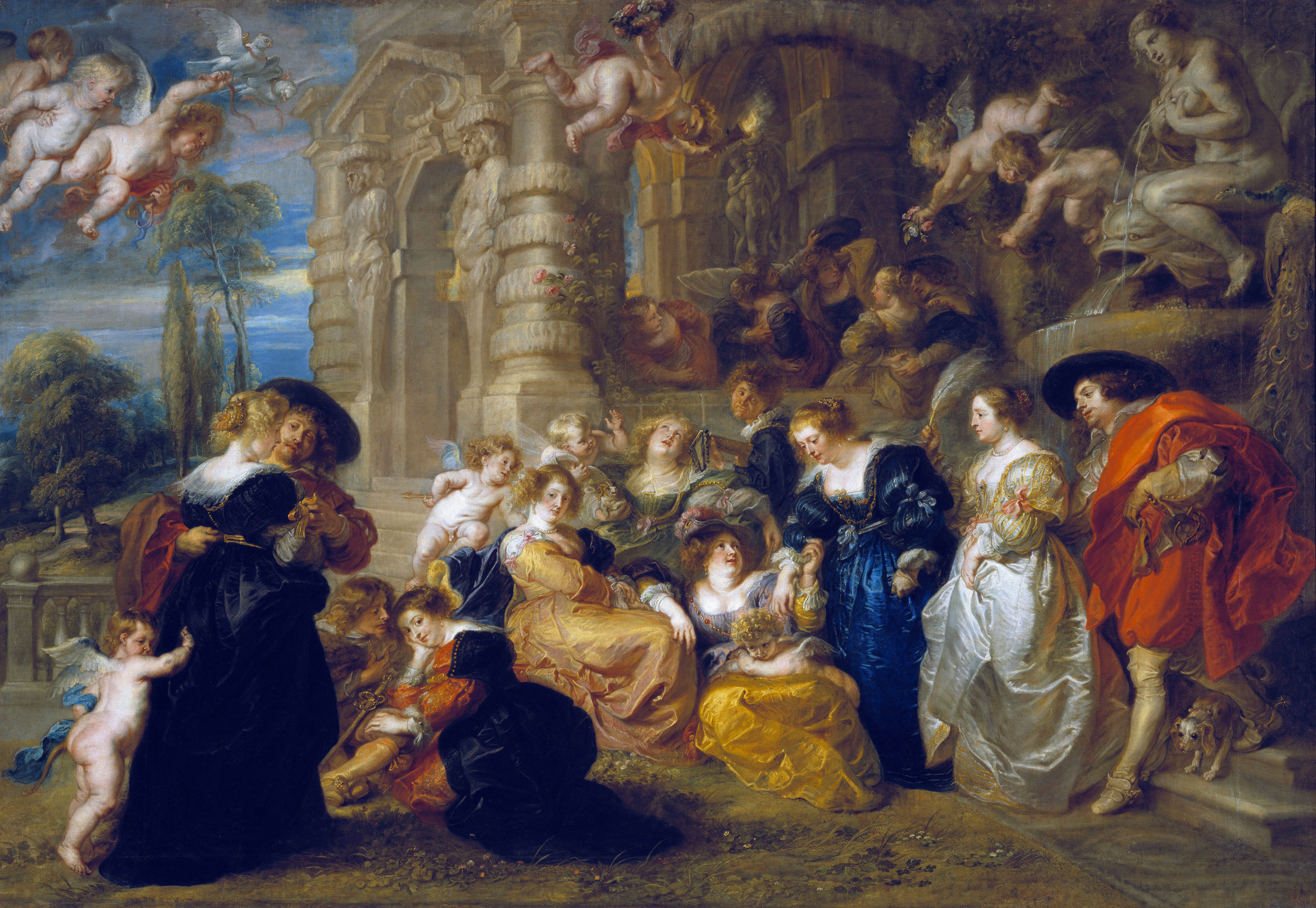A richly dressed group of figures in a lush garden, surrounded by fountains, trees, and Baroque architecture.