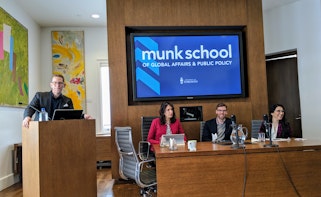 (l to r) Craig Smith, from the Munk School of Global Affairs and Public Policy, chaired panel presentations from Shachi Kurl, Executive Director of the Angus Reid Institute,  Geoffrey Cameron, Director of the Office of Public Affairs of the Baha'i Community of Canada, and journalist Sadia Rafiquddin.