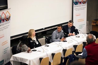 (l to r) Sadia Zaman, CEO, Inspirit Foundation, Dr. Tracy J. Trothen, Professor, Queen’s University, Dr. Borna Noureddin, Professor, BCIT, Joseph Brean, Features Writer, National Post. 