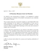 Premier of Ontario Sends Baha'is Greetings for the Festival of Ridvan