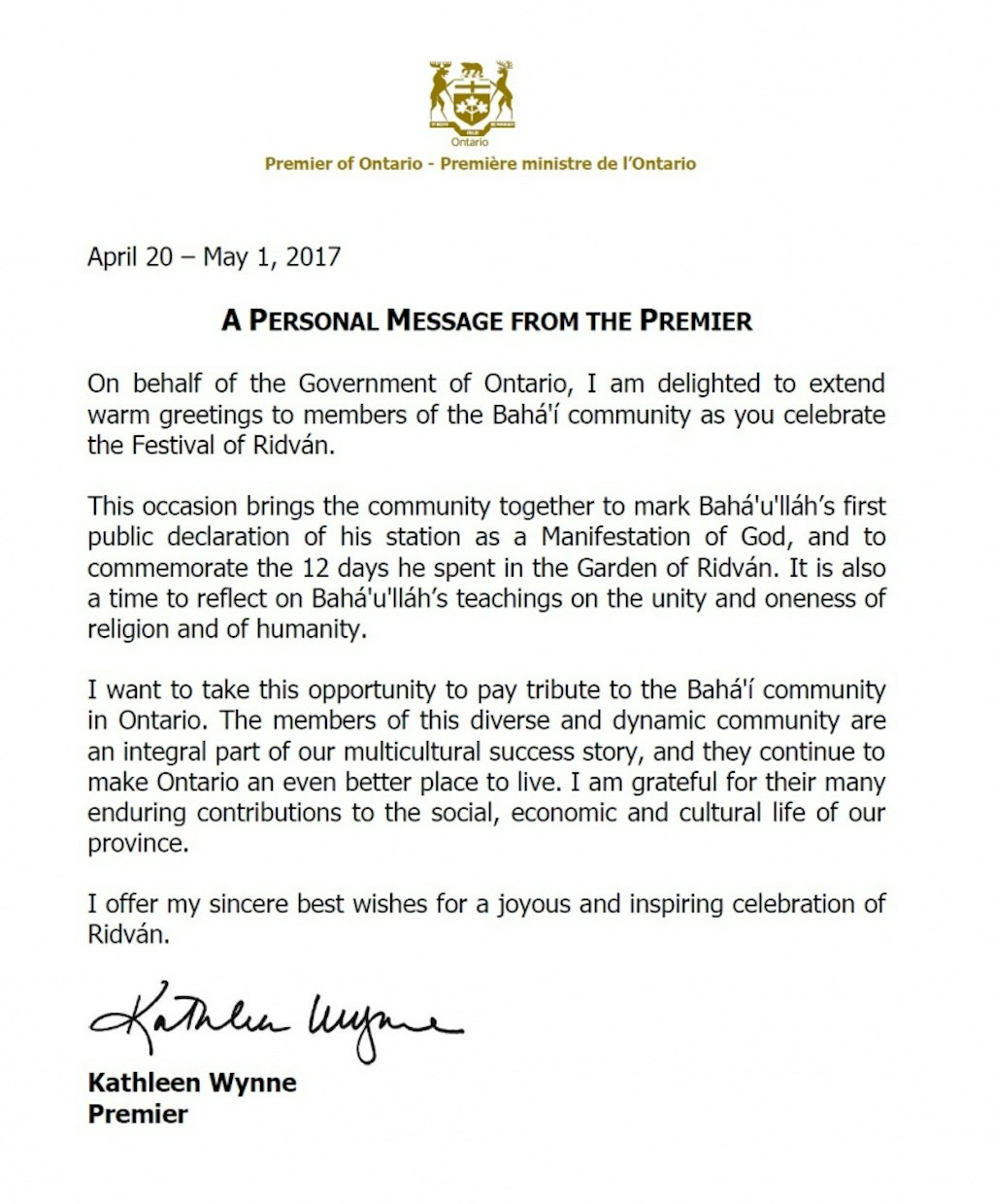 Premier of Ontario Sends Baha'is Greetings for the Festival of Ridvan