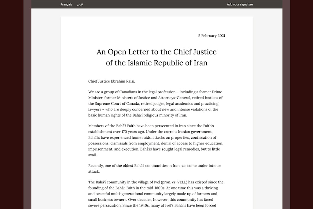 Brian Mulroney joins prominent lawyers  to condemn confiscation of Baha’i property in Iran