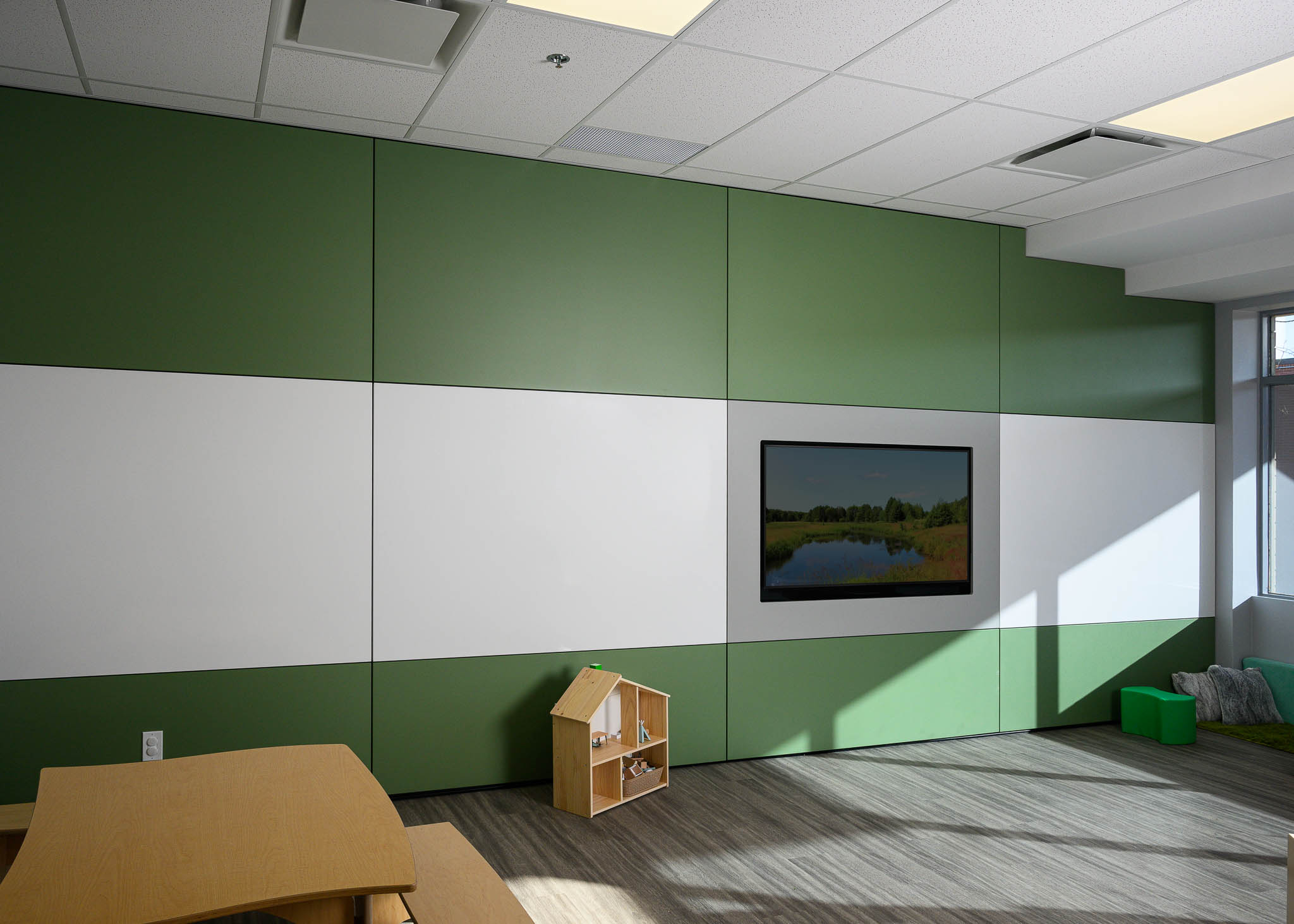 Interior view showcasing Falkbuilt's solid wall construction in an educational setting