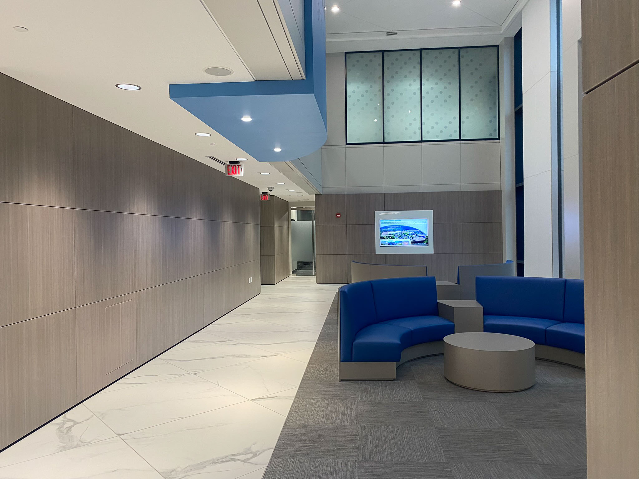 Interior view showcasing Falkbuilt's solid wall construction in a commercial lobby setting