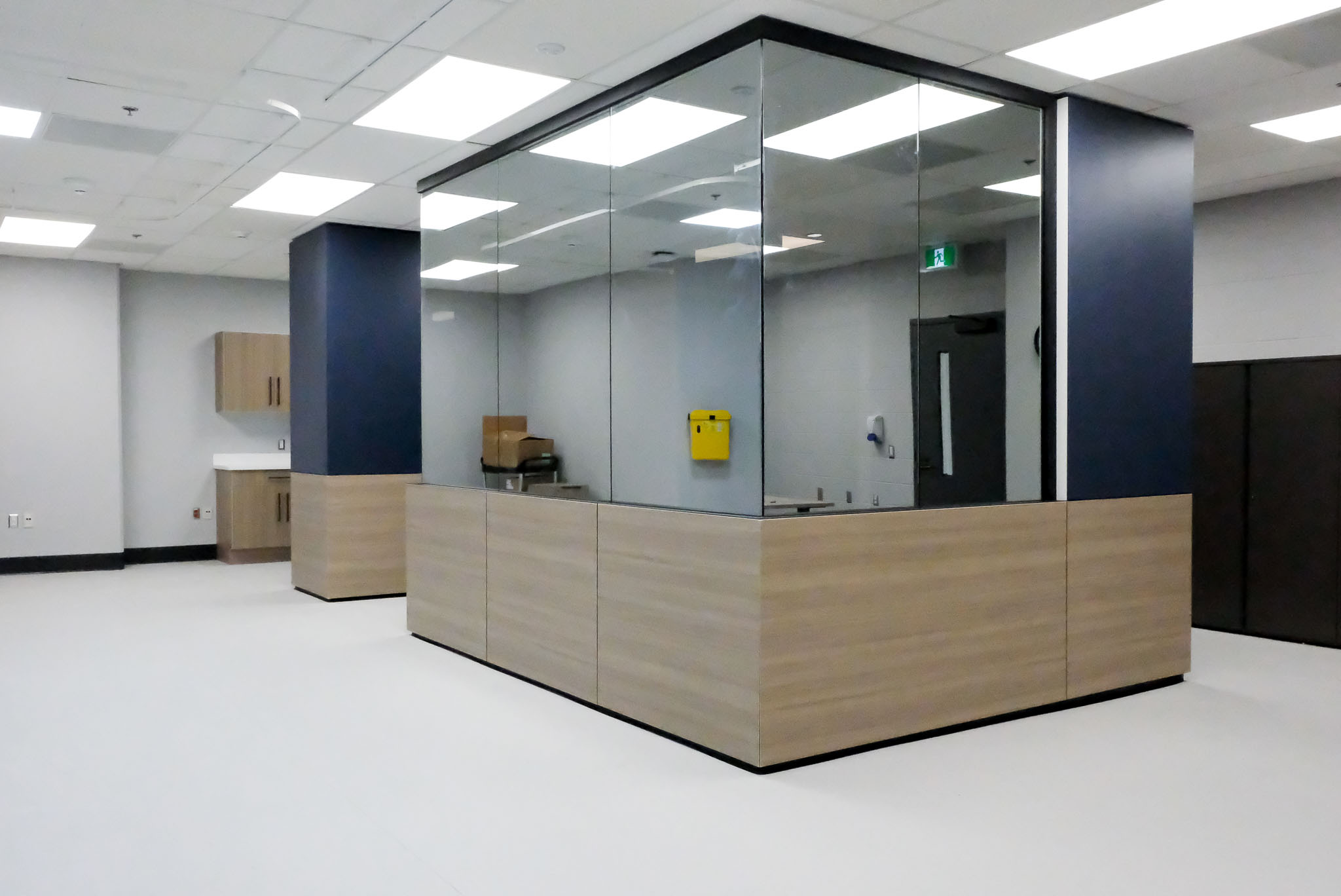 Falkbuilt’s prefabricated construction solutions for healthcare interiors featuring solid cladding and glass walls