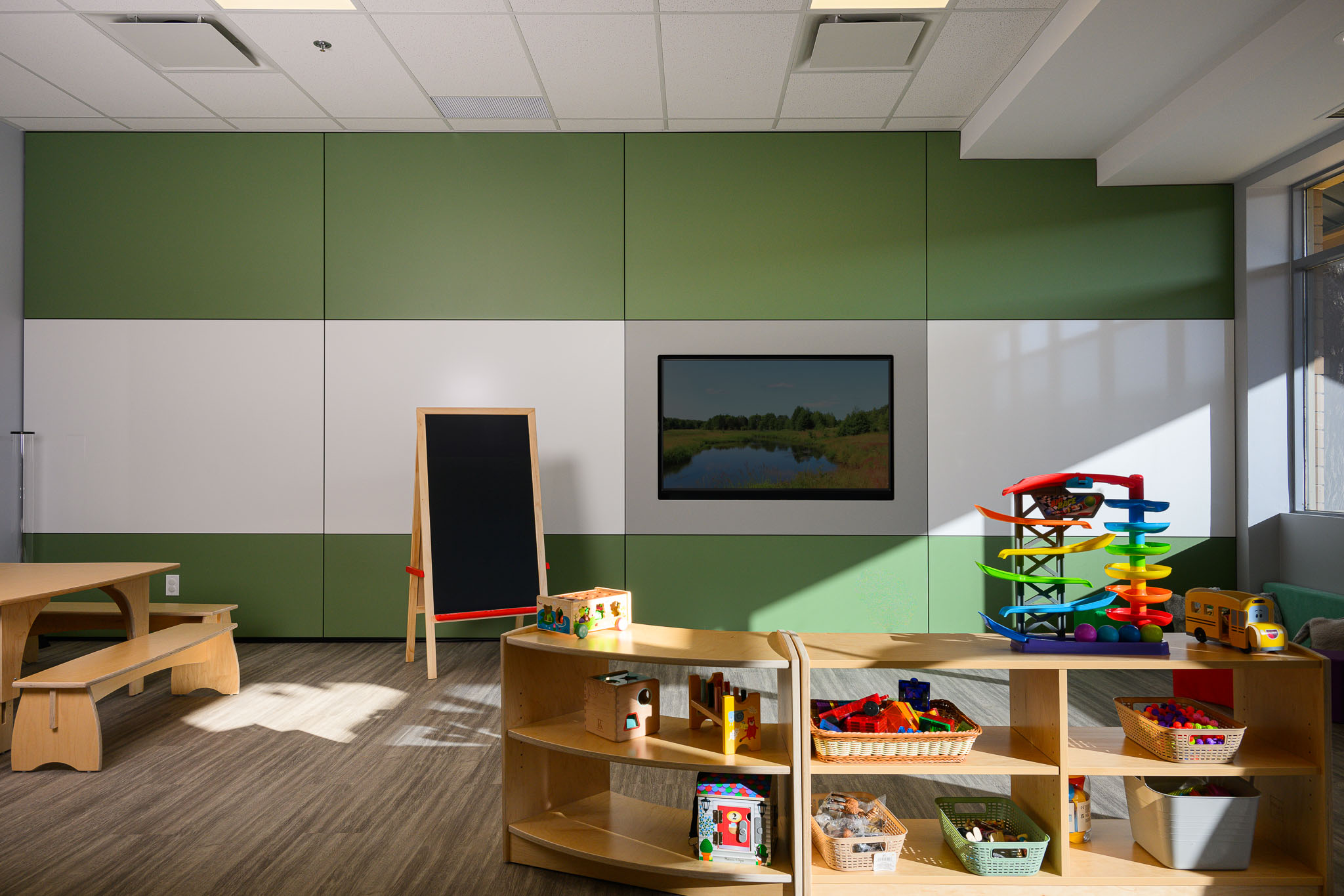 Falkbuilt's prefabricated Digital Component Construction installed in an educational facility. Durable, cleanable, and high-performing interiors designed to support modern learning environments with speed, flexibility, and minimal disruption.