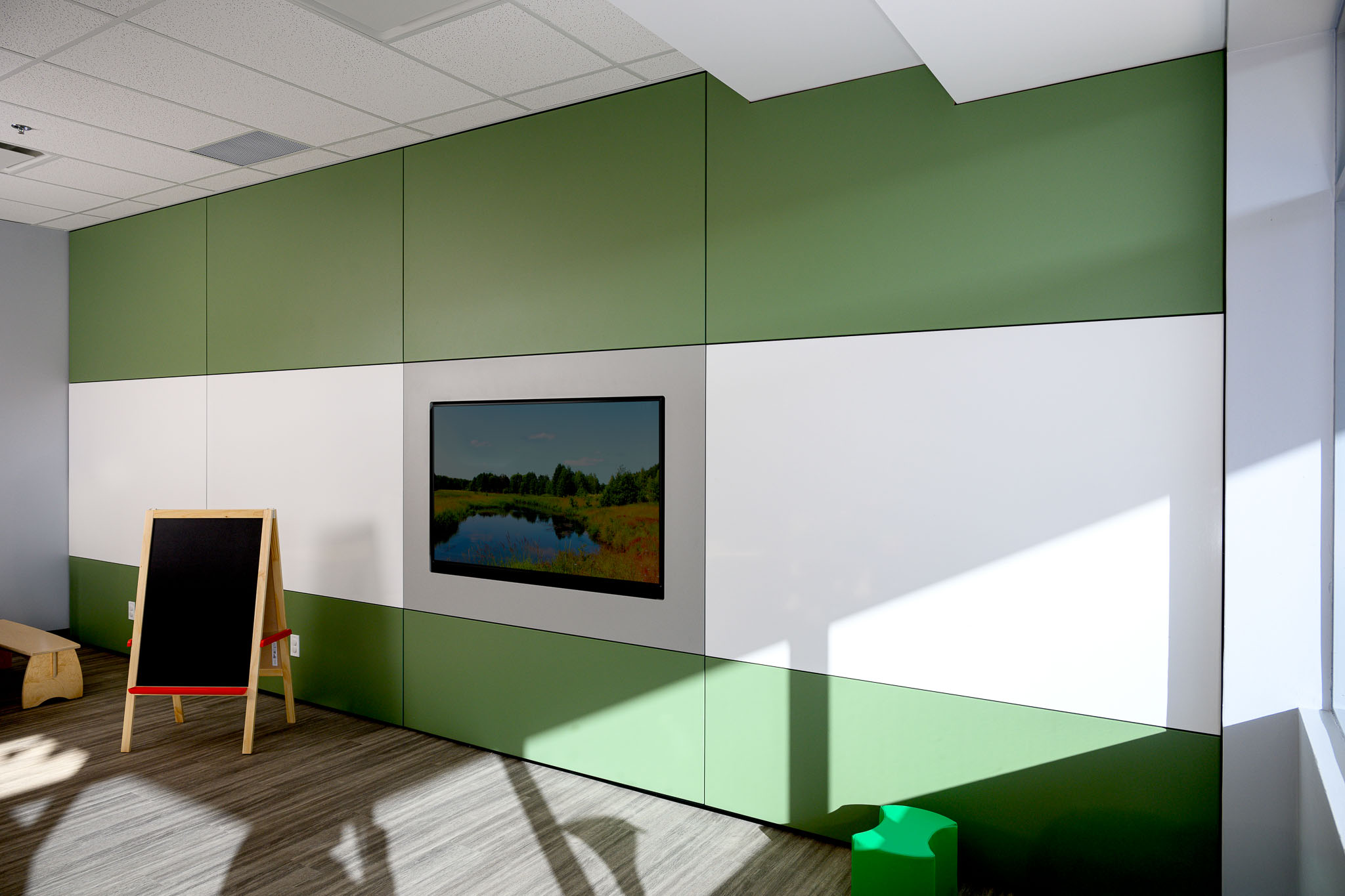 Falkbuilt's prefabricated Digital Component Construction installed in an educational facility. Durable, cleanable, and high-performing interiors designed to support modern learning environments with speed, flexibility, and minimal disruption.