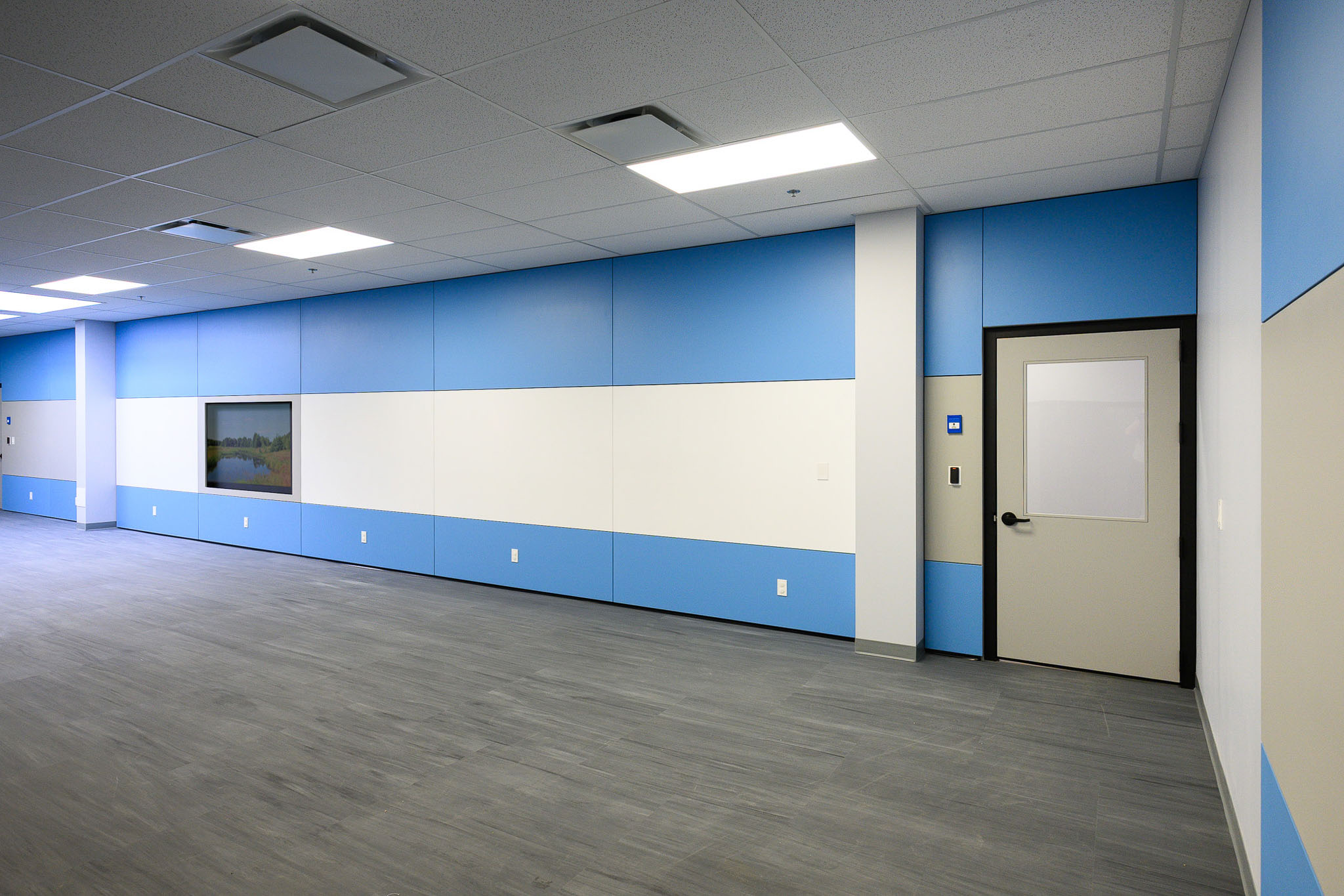 Falkbuilt's prefabricated Digital Component Construction installed in an educational facility. Durable, cleanable, and high-performing interiors designed to support modern learning environments with speed, flexibility, and minimal disruption.