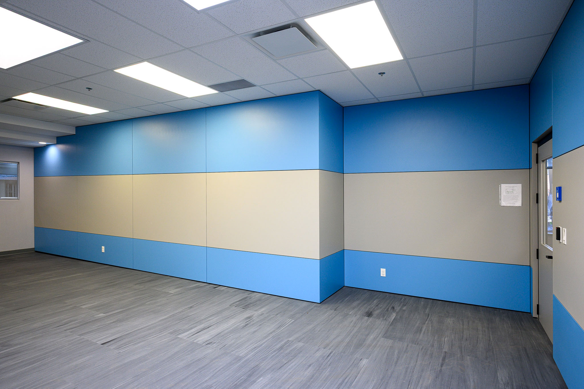 Falkbuilt's prefabricated Digital Component Construction installed in an educational facility. Durable, cleanable, and high-performing interiors designed to support modern learning environments with speed, flexibility, and minimal disruption.