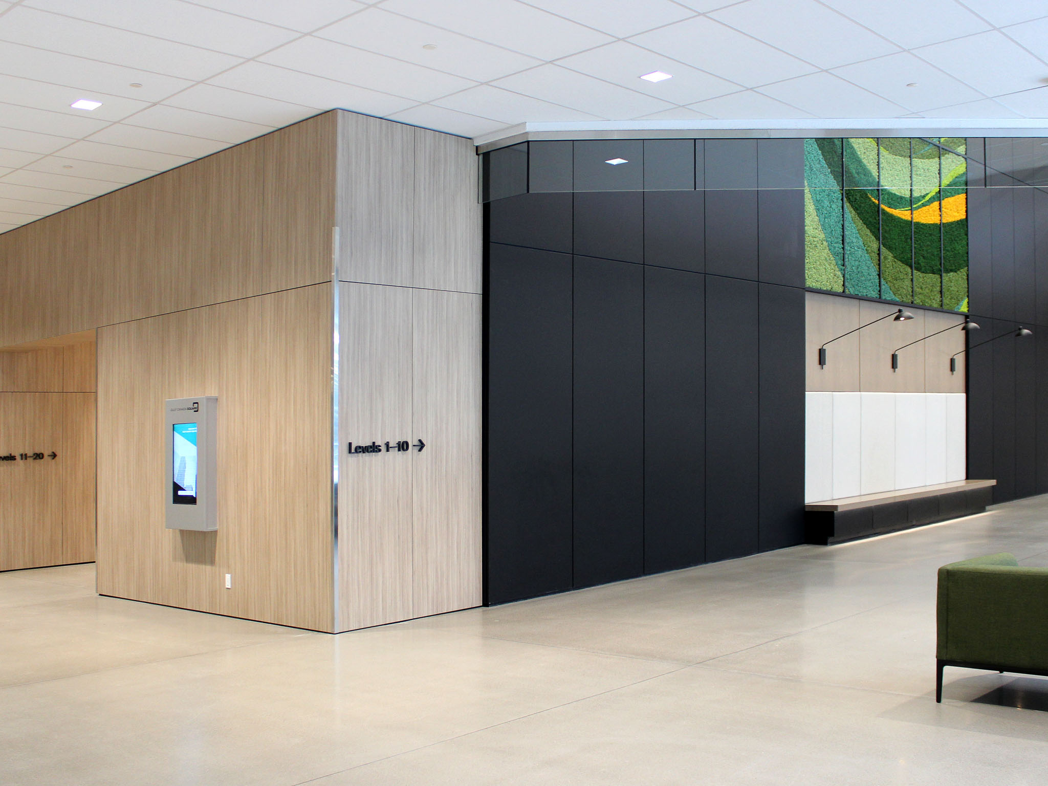 Falkbuilt’s prefabricated construction solutions for corporate interiors features flexible cladding or Falkton for fast lobby renovations with almost no down time or disturbance