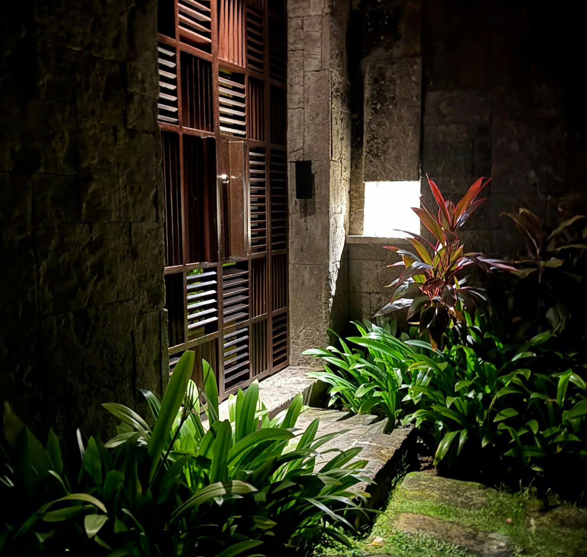 front door with plants and stones in front