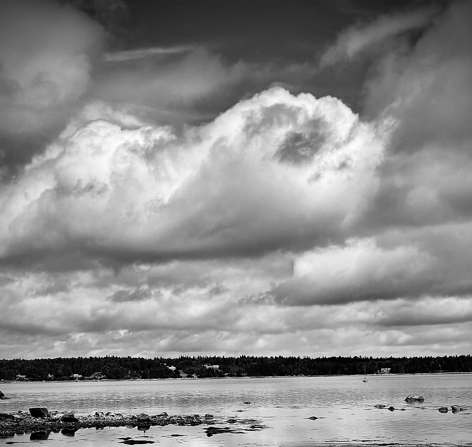 greyscale of clouds with lake