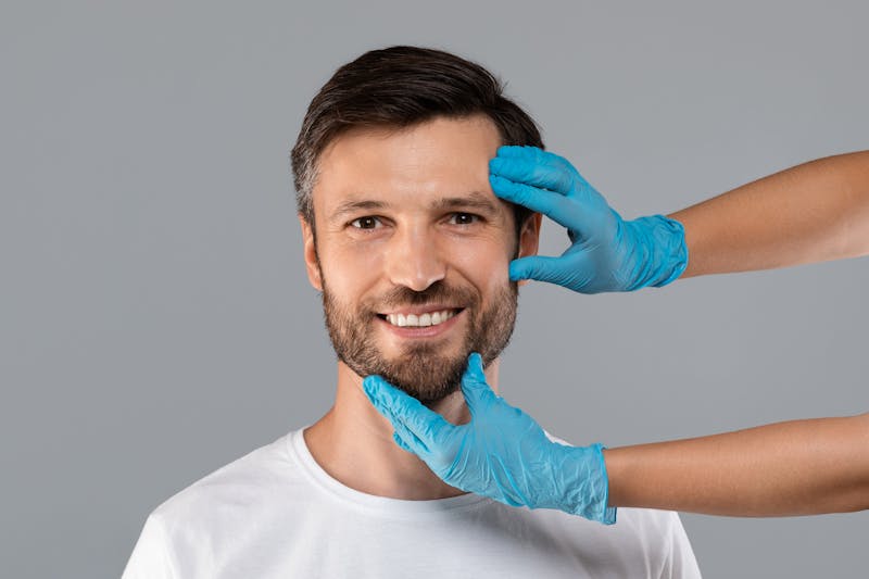 man smiling with gloves touching his face