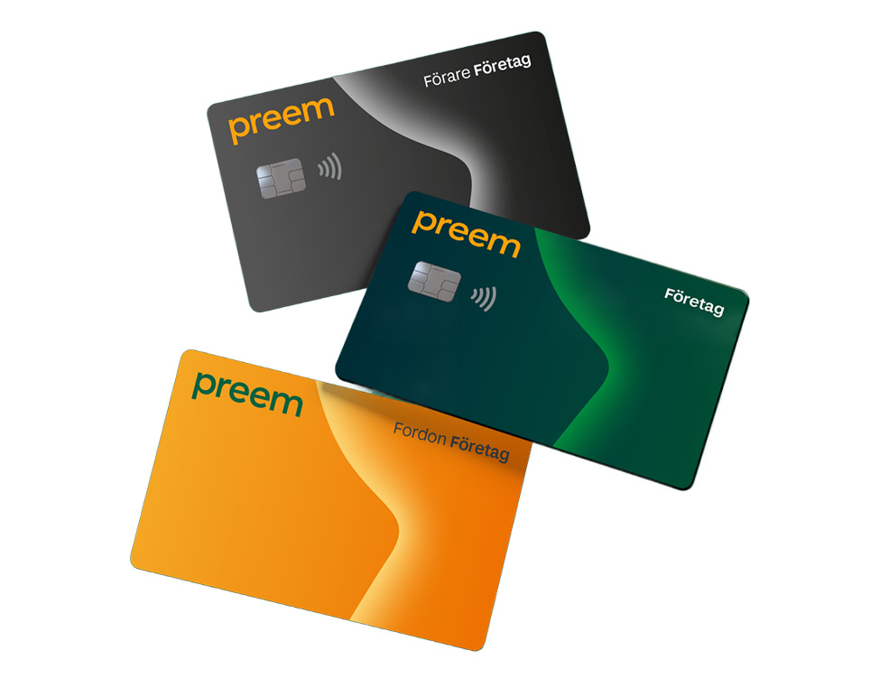 Företagskort Preem, finns i tre varianter som bilden visar.