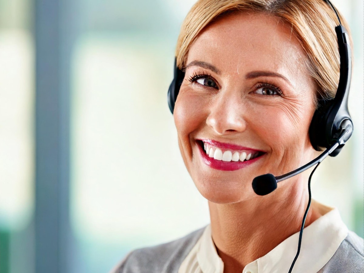 En kvinnlig kundtjänstmedarbetare med headset framför dator.