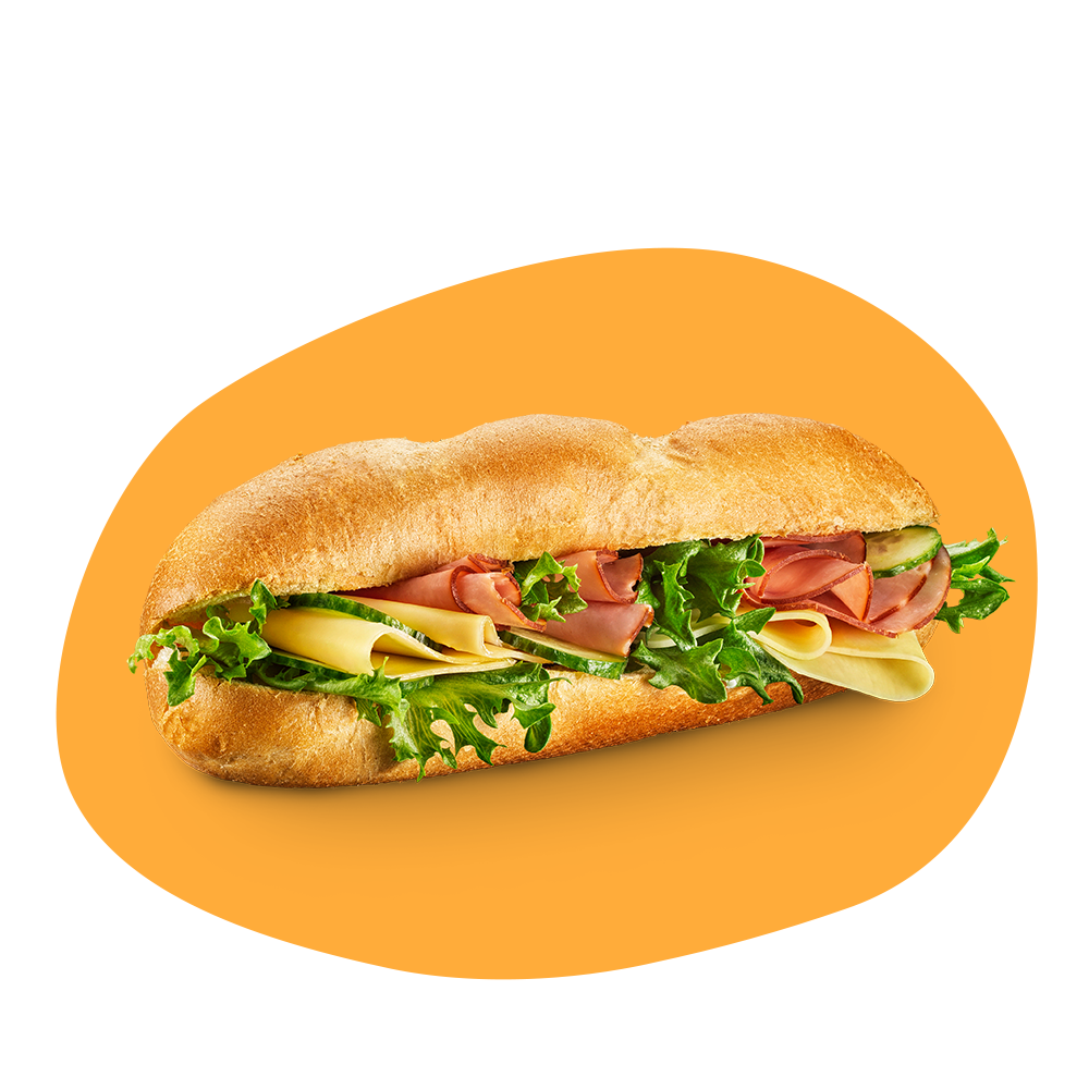 En baguette med ost, skinka, sallad och gurka