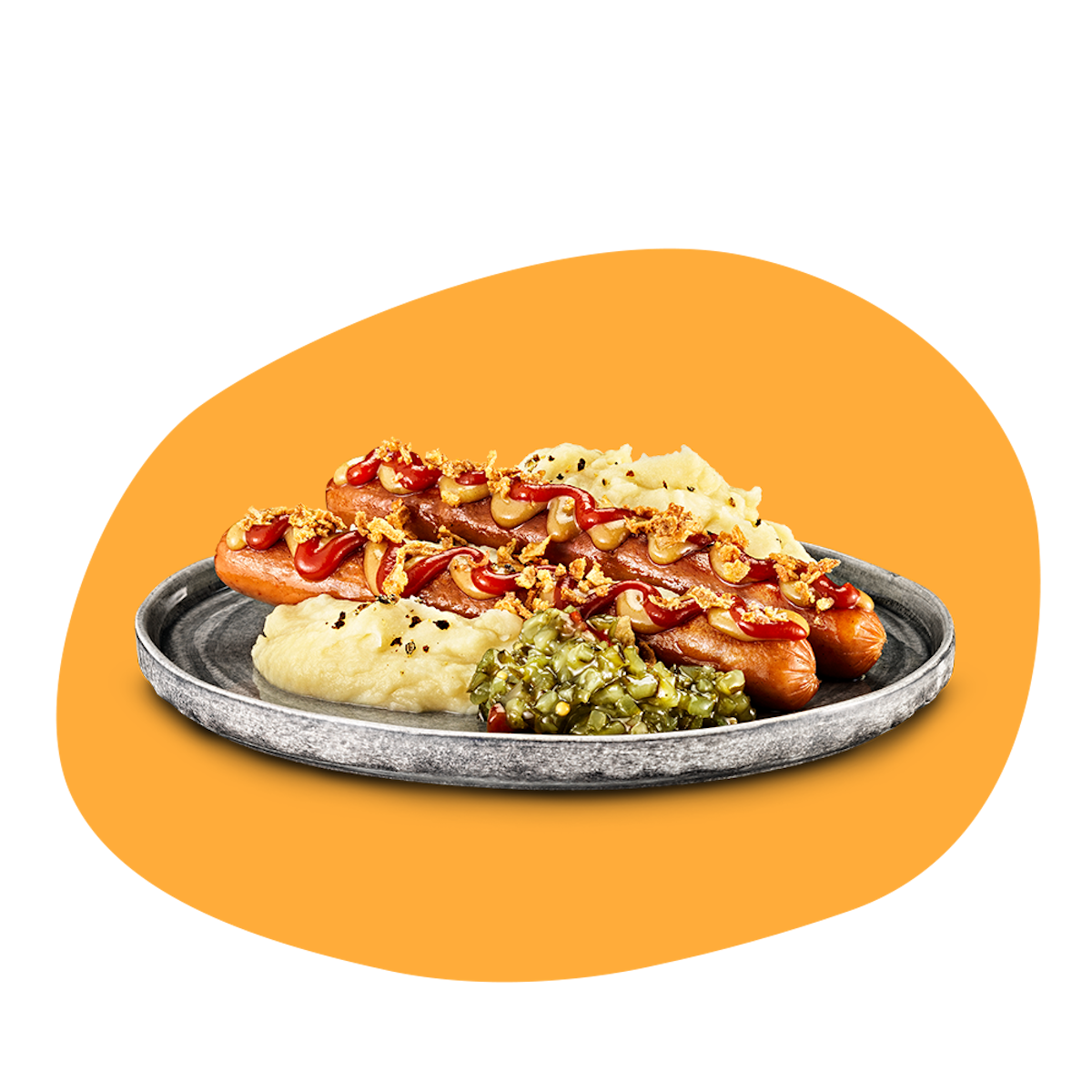 Tallrik med två vegokorvar med ketchup, senap, rostad lök plus potatismos och en klick bostongurka