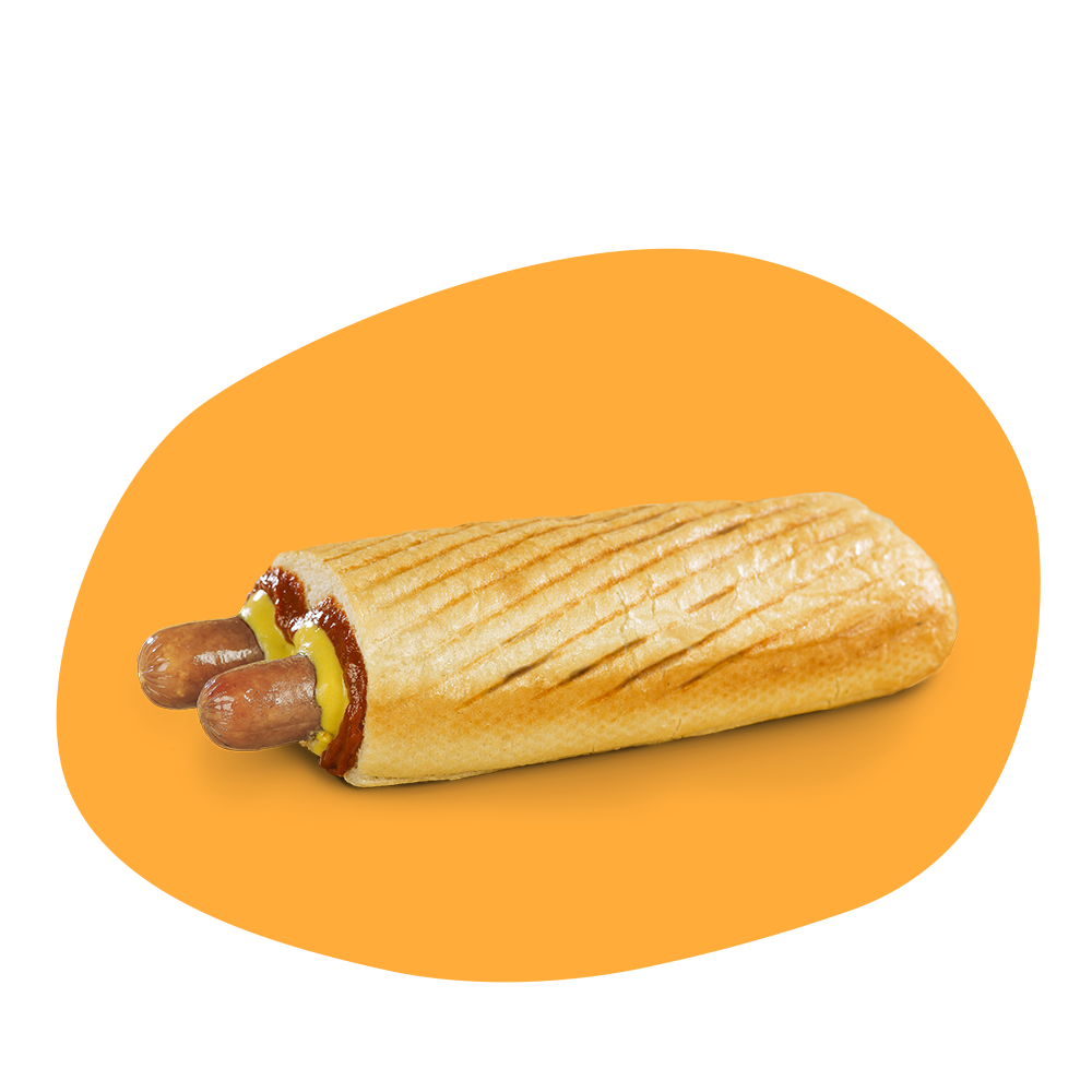 En french hot dog med bröd, ketchup och senap