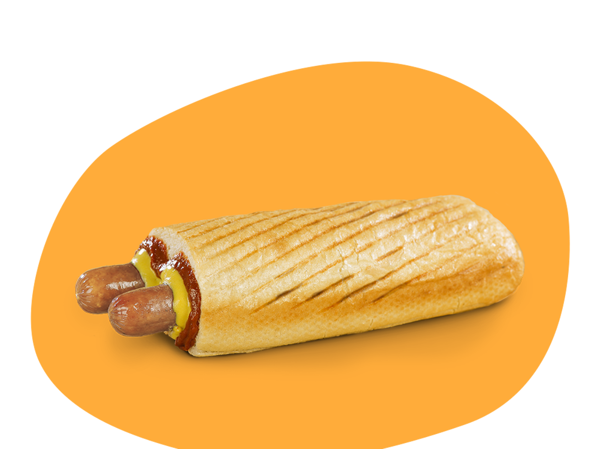 En french hot dog med bröd, ketchup och senap