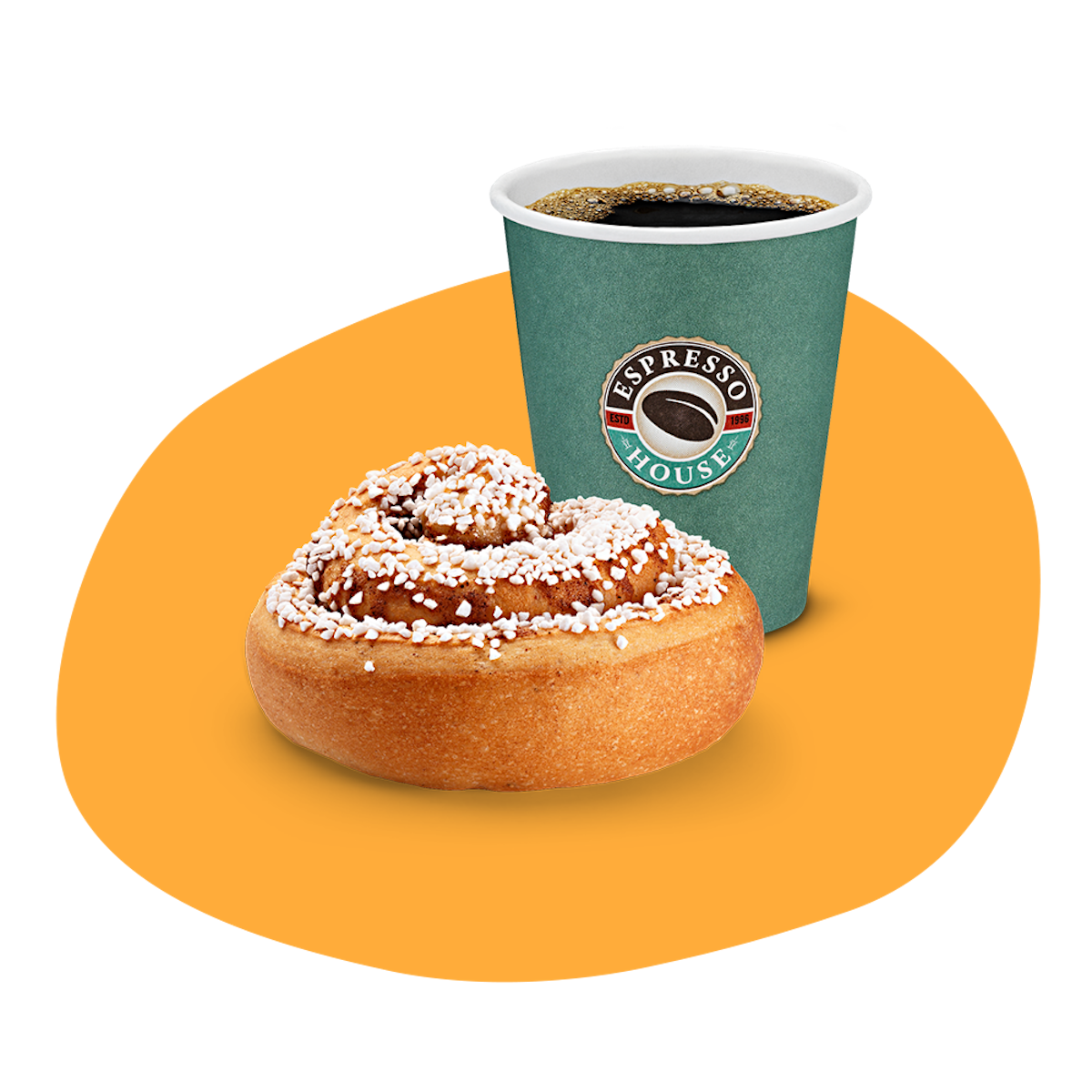 En kopp kaffe med en kanelbulle