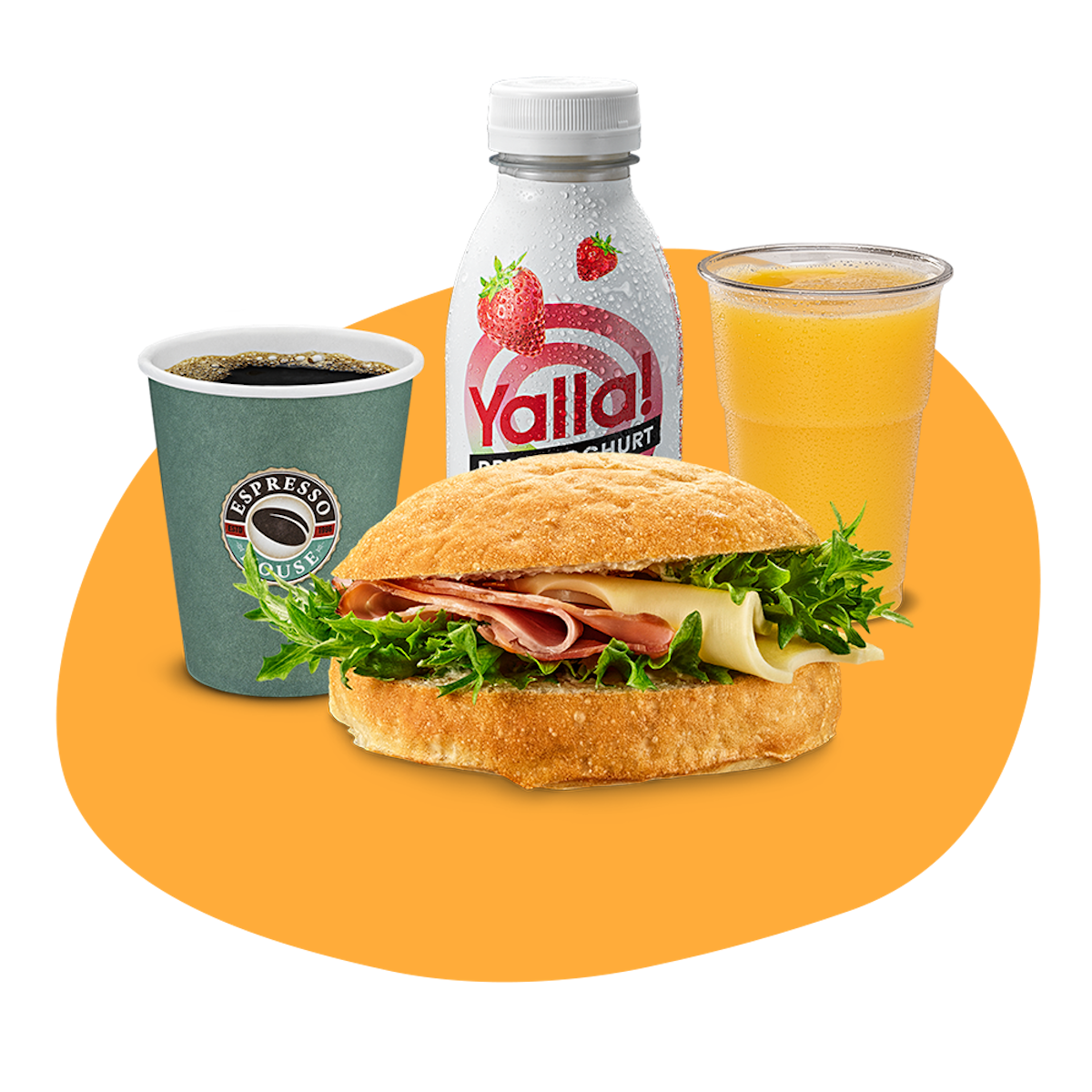 En kopp kaffe, en Yalla-yogurt, ett glas apelsinjuice och en frukostfralla