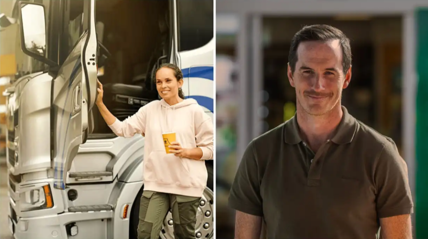 Två personer visas i olika miljöer. Till vänster står en kvinna i ljus hoodie med en kaffemugg i handen bredvid en stor lastbil med öppen dörr. Till höger står en man i pikétröja och ler mot kameran utomhus framför en byggnad.