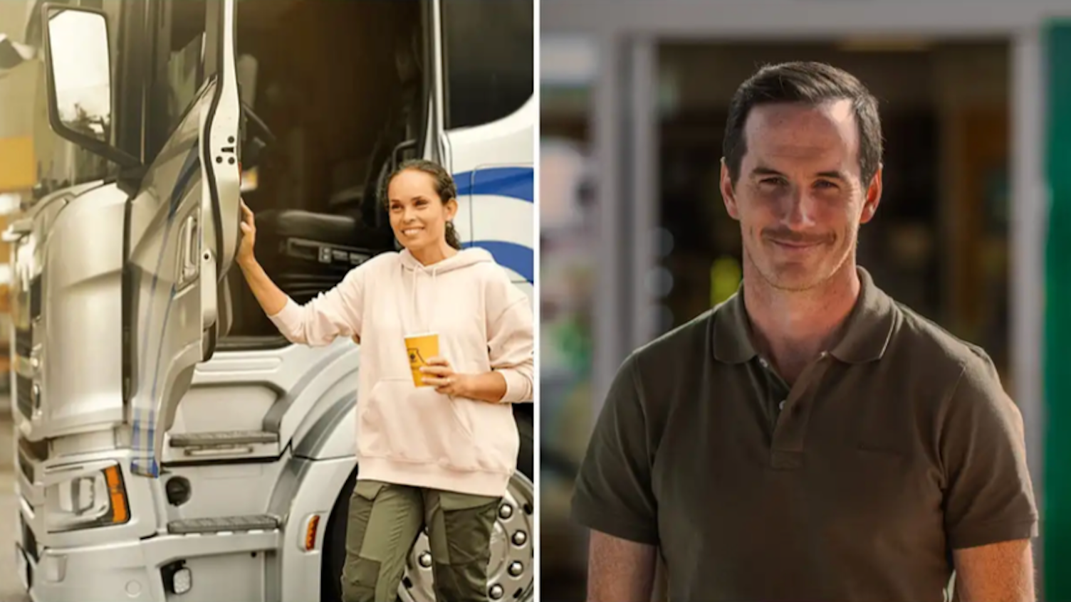 Två personer visas i olika miljöer. Till vänster står en kvinna i ljus hoodie med en kaffemugg i handen bredvid en stor lastbil med öppen dörr. Till höger står en man i pikétröja och ler mot kameran utomhus framför en byggnad.