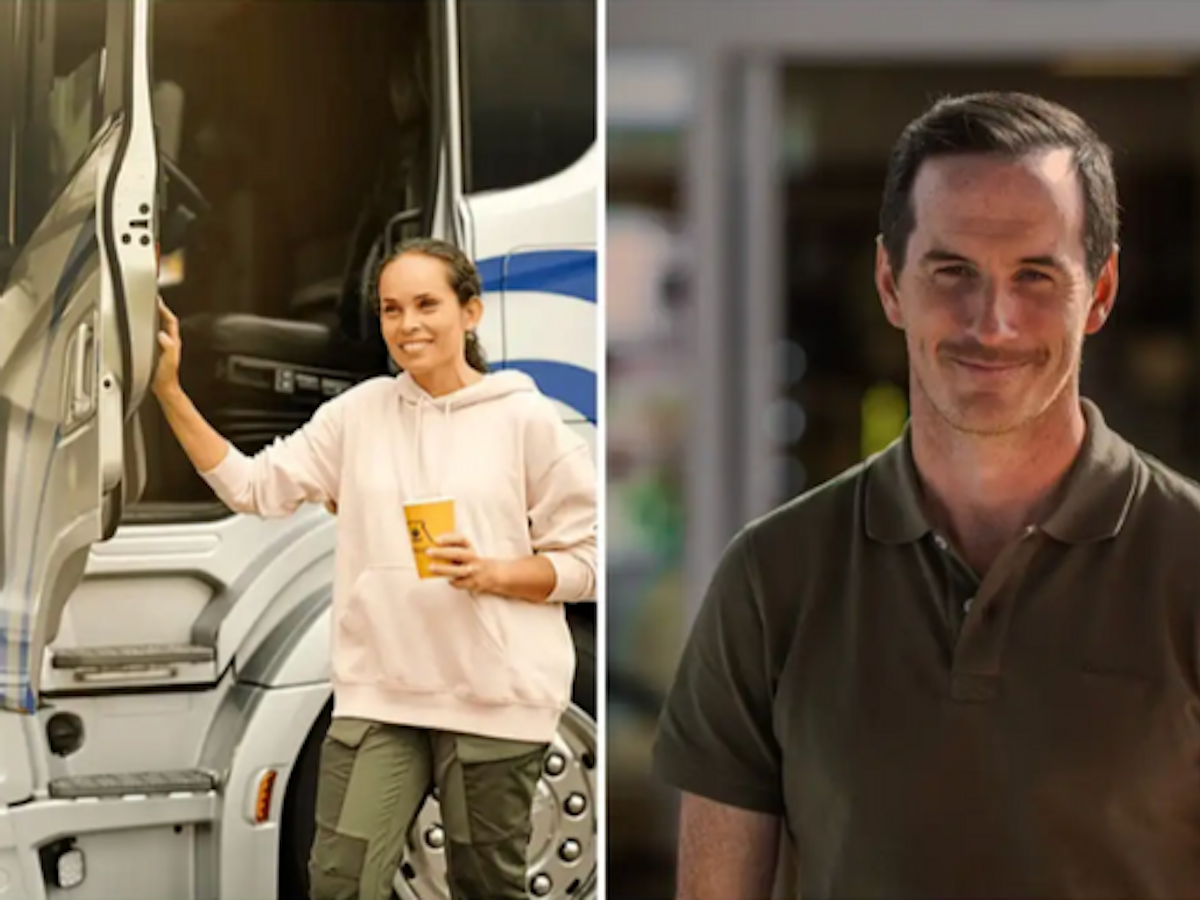 Två personer visas i olika miljöer. Till vänster står en kvinna i ljus hoodie med en kaffemugg i handen bredvid en stor lastbil med öppen dörr. Till höger står en man i pikétröja och ler mot kameran utomhus framför en byggnad.