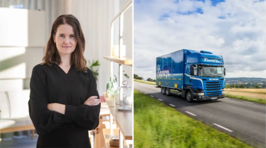 Tvådelad bild. Till vänster står en kvinna i svart klänning med armarna i kors i en ljus kontorsmiljö. Till höger kör en blå lastbil med Kinnarps-logga på en landsväg med öppet landskap i bakgrunden.