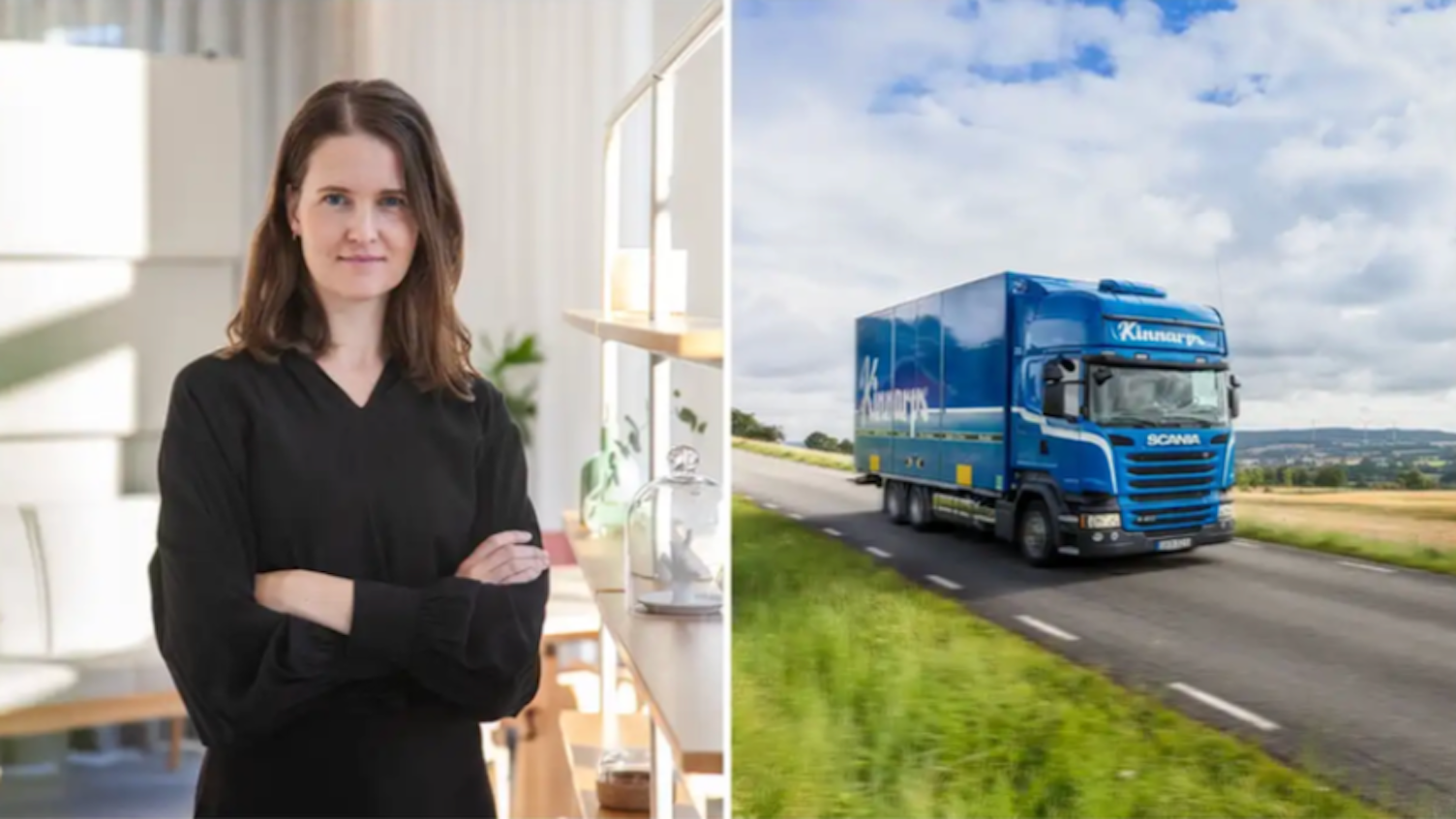 Tvådelad bild. Till vänster står en kvinna i svart klänning med armarna i kors i en ljus kontorsmiljö. Till höger kör en blå lastbil med Kinnarps-logga på en landsväg med öppet landskap i bakgrunden.