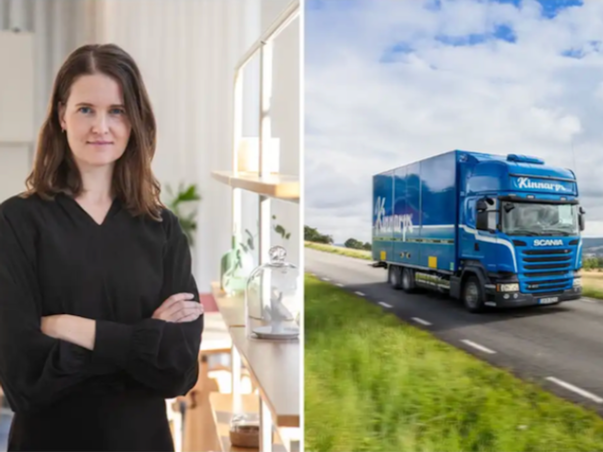 Tvådelad bild. Till vänster står en kvinna i svart klänning med armarna i kors i en ljus kontorsmiljö. Till höger kör en blå lastbil med Kinnarps-logga på en landsväg med öppet landskap i bakgrunden.
