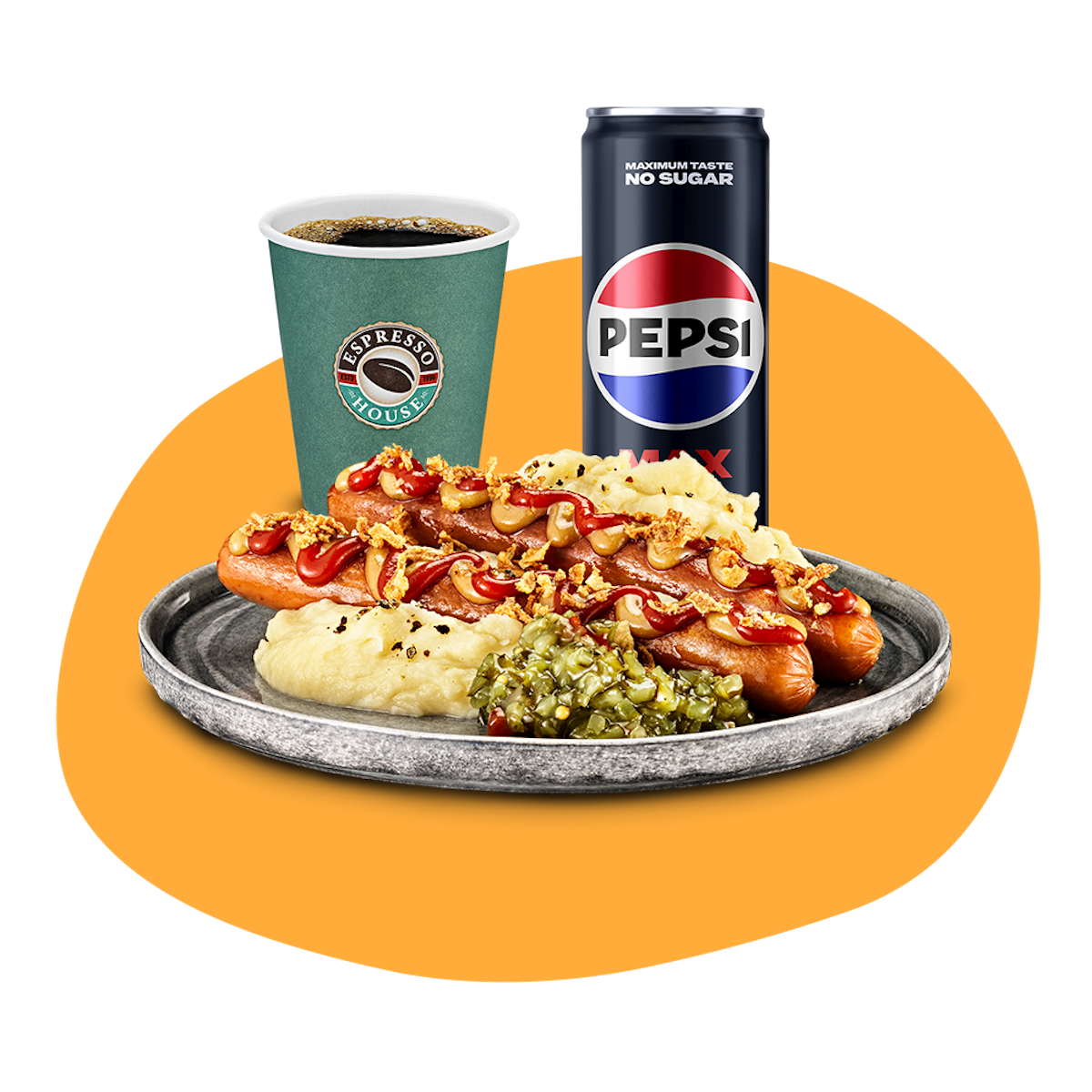 En tallkrik med korv och mos, en liten bryggkaffe och en 33 dl dryck