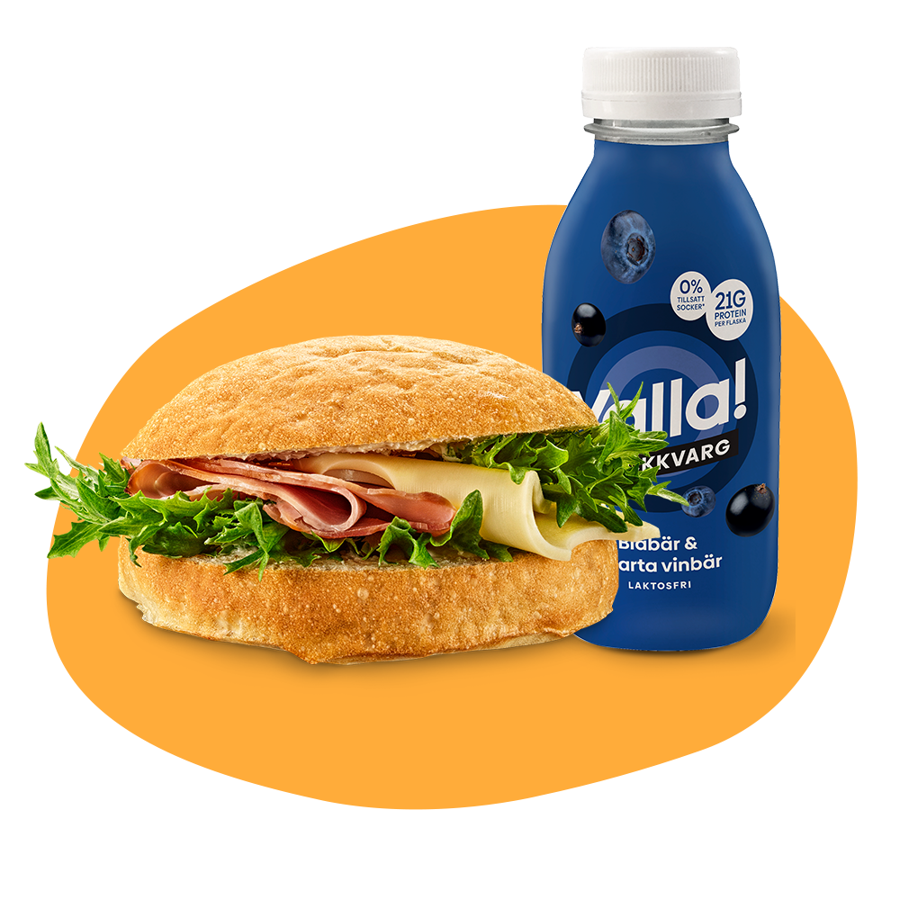 En fralla med pålägg och en 35 cl flaska med Yalla