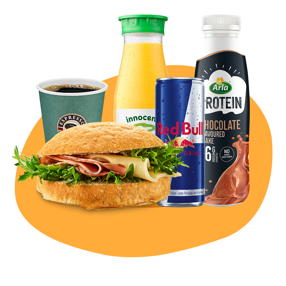 Fralla, en liten kaffe, en juice från Innocent, en burk med Redbull och en proteinshake från Arla