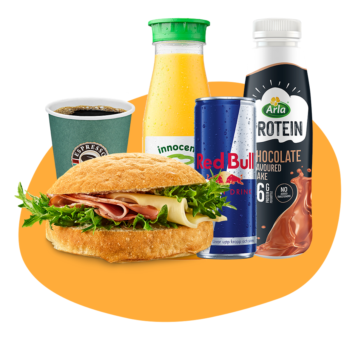 Fralla, en liten kaffe, en juice från Innocent, en burk med Redbull och en proteinshake från Arla