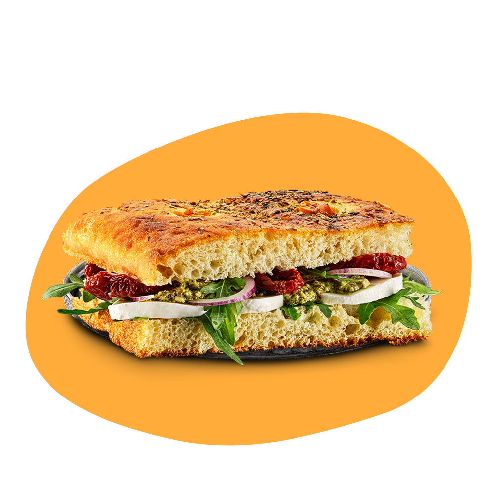 Focaccia med mozzarella, pesto och soltorkade tomater