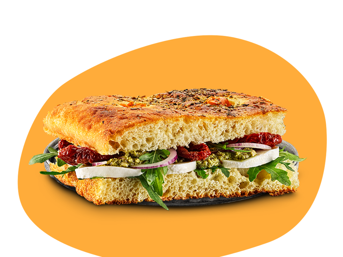 Focaccia med mozzarella, pesto och soltorkade tomater