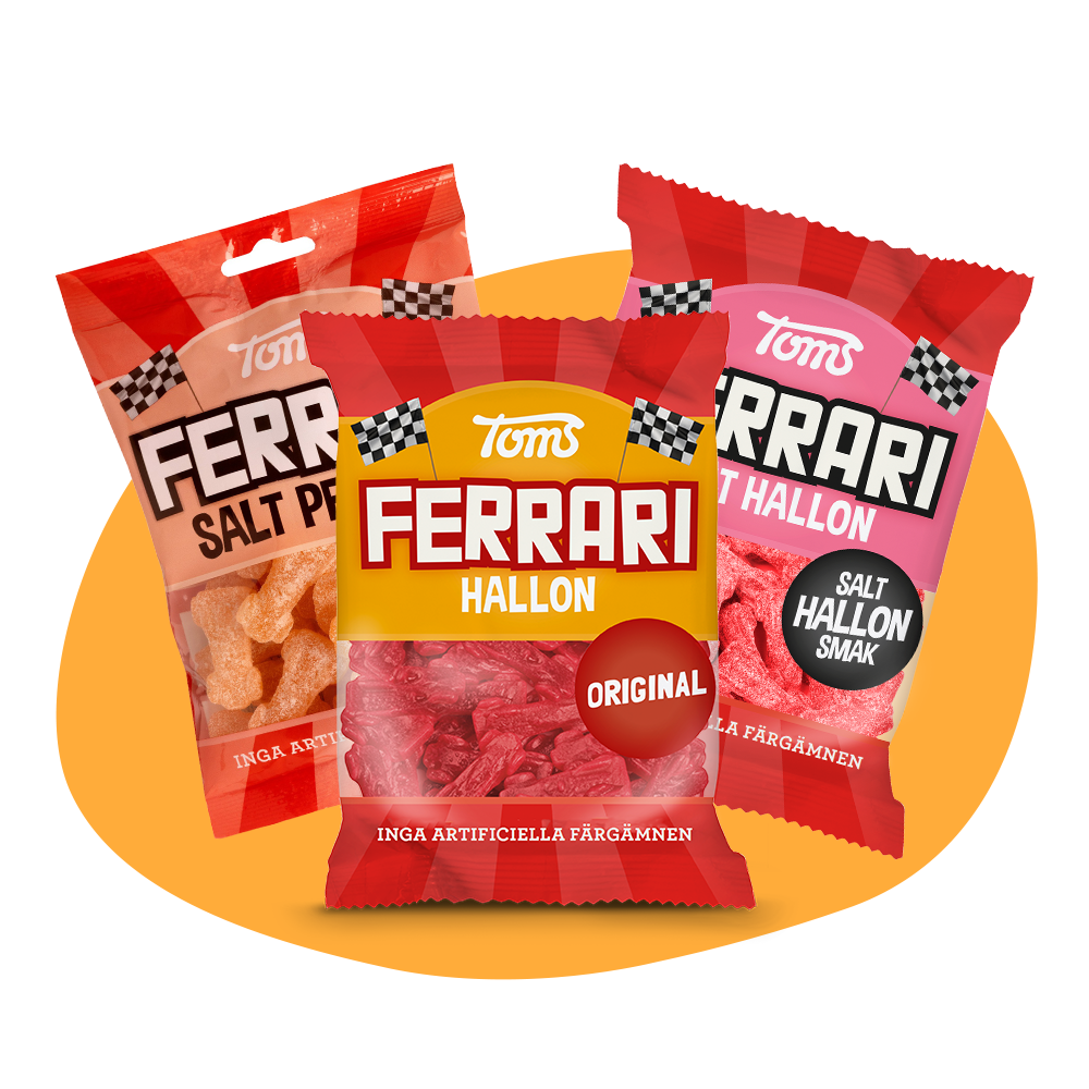 Tre påsar med Ferrari godisbilaar