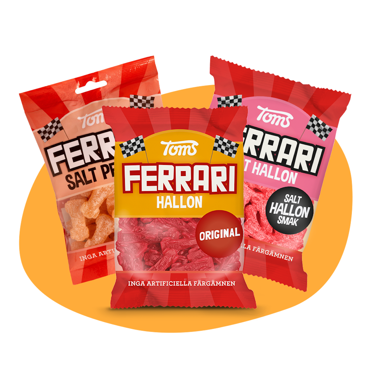 Tre påsar med Ferrari godisbilaar