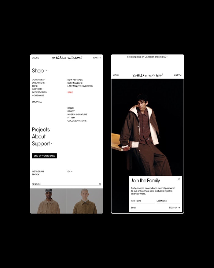 Side-by-side mobile screens from the estudio niksen shop: expanded menu and home page with signup popup