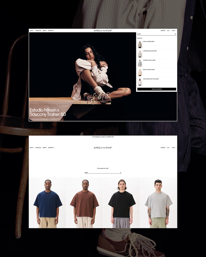 Desktop screens from estudio niksen showing a Saucony collab hero and shirt search results