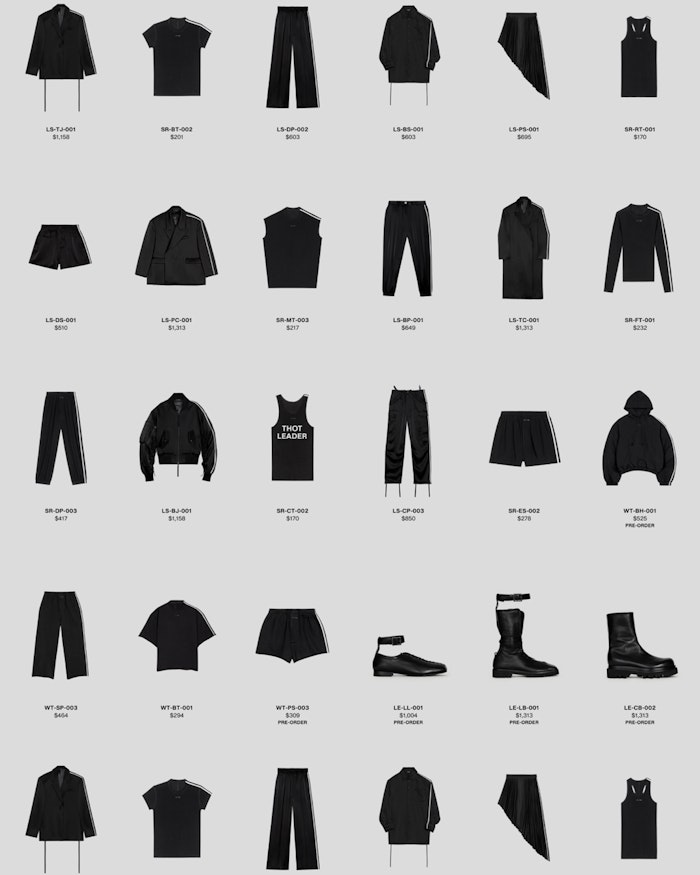 Grid of black fashion products with white stripe details from the PD—168 collection, each with price