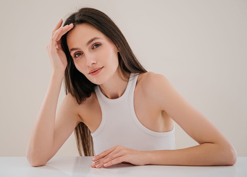 Woman resting arms on table