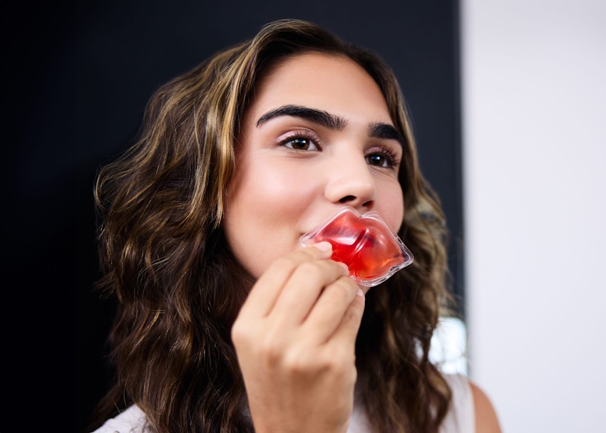 Woman holding product up to lips