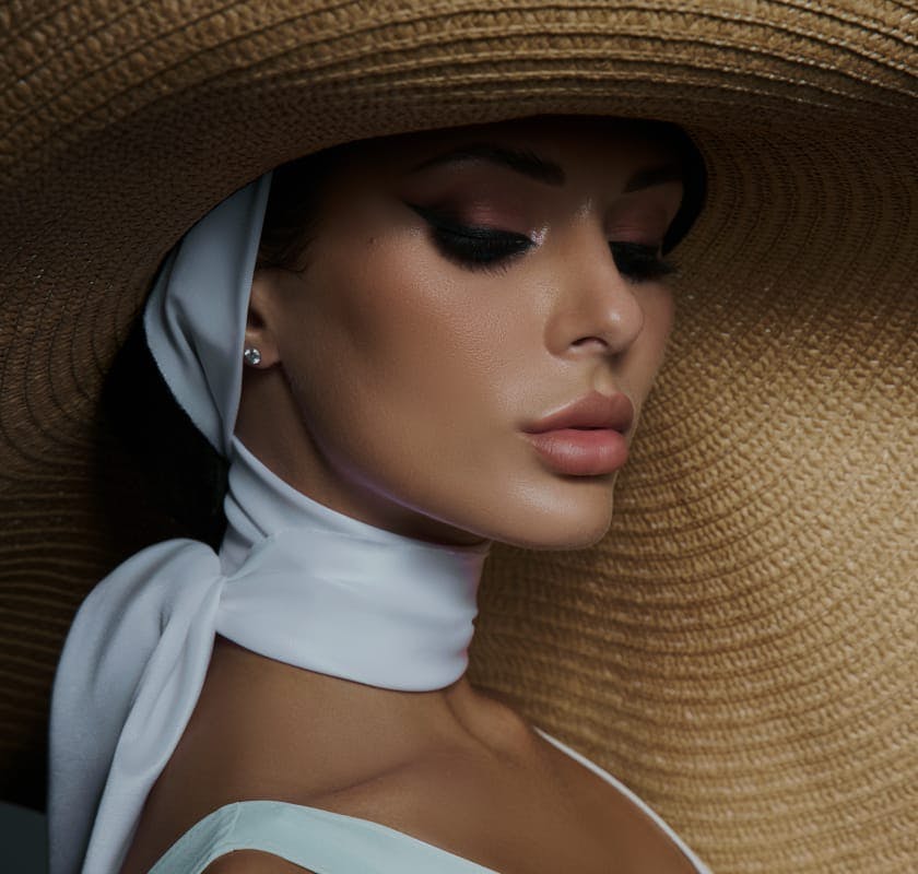 glam woman wearing a large beige sunhat