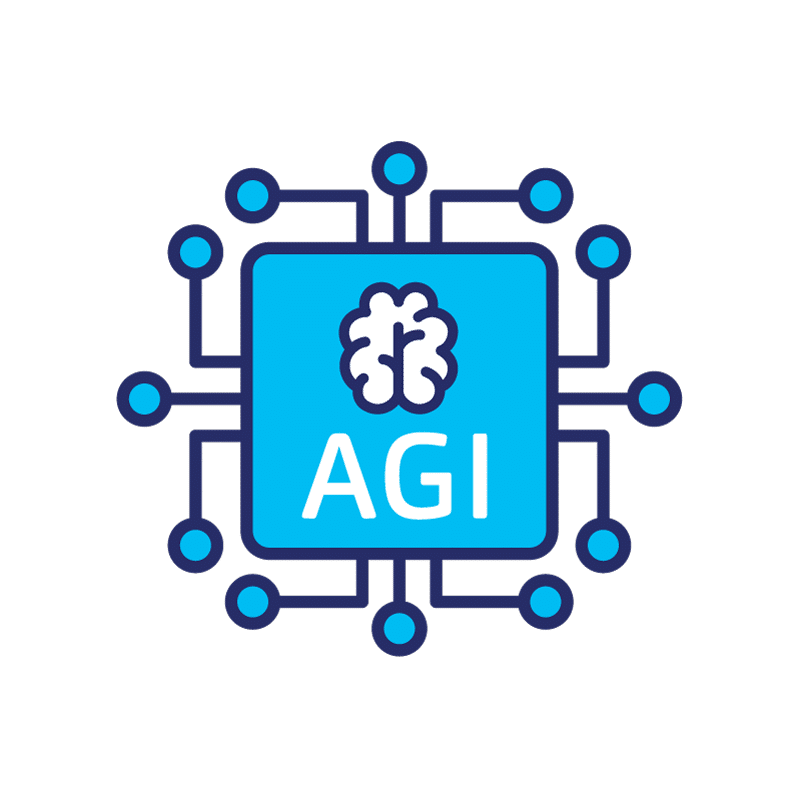 Icon representing Artificial General Intelligence (AGI) with a brain symbol at the center of a digital circuit, highlighting the concept of advanced AI capabilities and neural networks.
