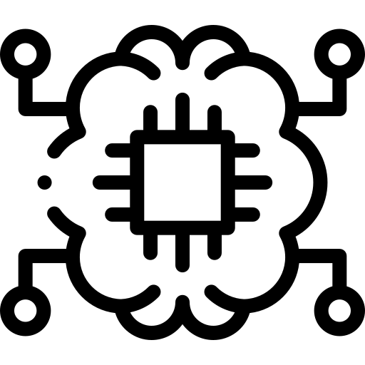 Minimalist black icon representing Super AI, featuring a stylized brain encircled by digital nodes, symbolizing the concept of artificial superintelligence and advanced machine learning capabilities.